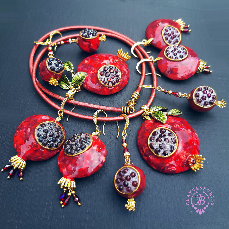 The Unusual Design Of Pomegranate Jewellery Made Of Polymer Clay.