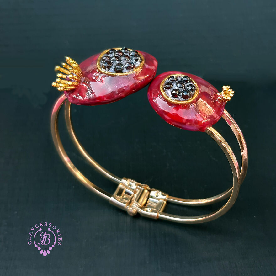 The Unusual Design Of Pomegranate Jewellery Made Of Polymer Clay.