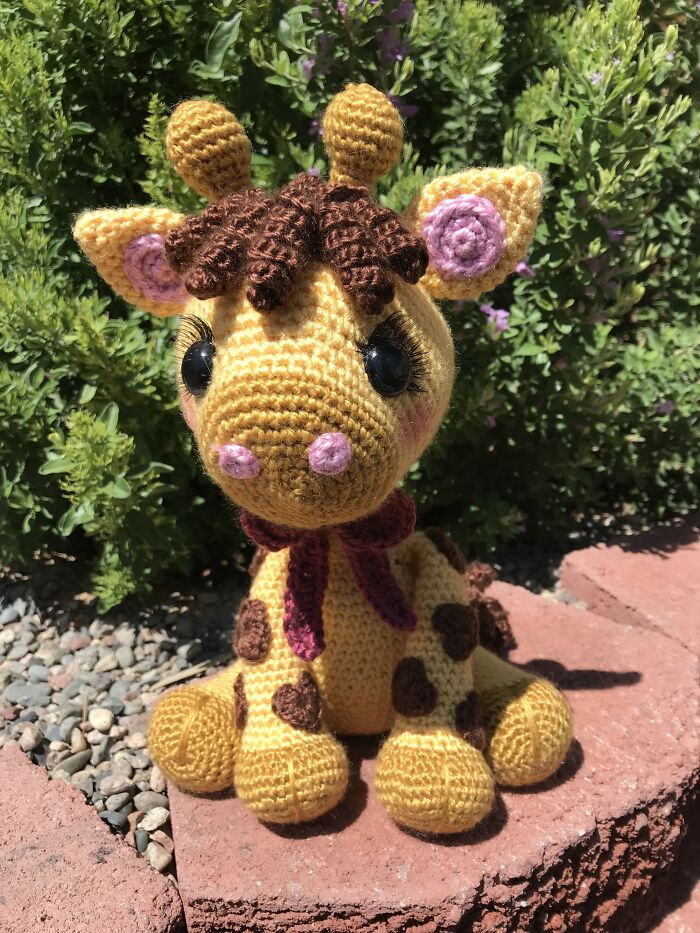 Crocheted This Sweet Little Giraffe With Heart Shaped Spots.
