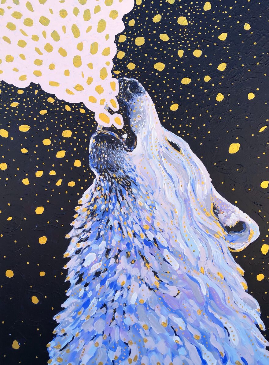 I Paint Magical Wildlife Paintings Using Thick Brush Strokes, Bold Color, And Lots Of Gold Dots.