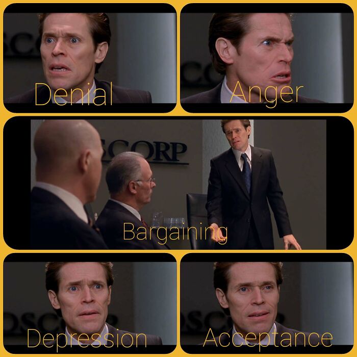 In Spider-Man (2002) After Recieving The News Of His Dismissal From The Board Of Oscorp, Norman Osborn Goes Through The Five Stages Of Grief In A Microcosm