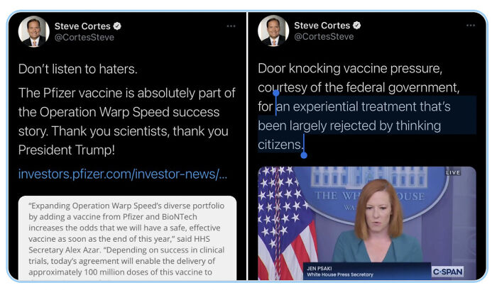 From Praising Trump For The Vaccine To Praising “Thinking Citizens” For Rejecting The Vaccine.