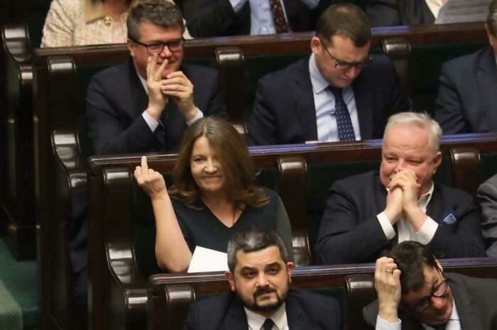 Polish Mp Joanna Lichocka Showing A Middle Finger To Opposition
