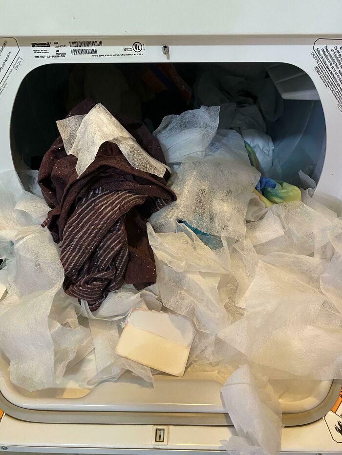 My Wife Tossed A Pile Of Laundry Into The Dryer. Along With A Brand New Box Of 500 Dryer Sheets