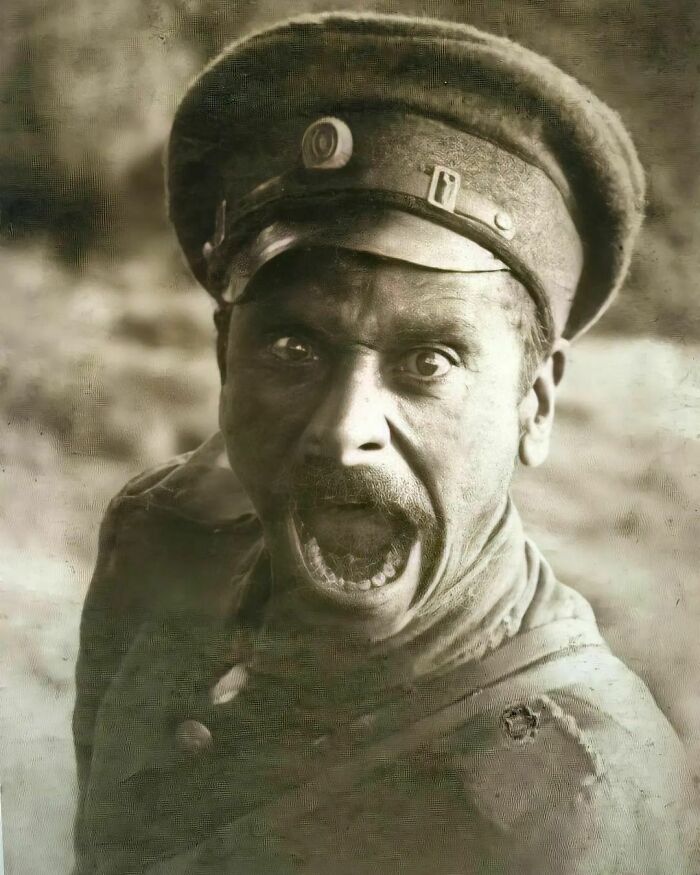 Bulgarian Soldier Giving His Best Battle Cry For The Camera, Ca. 1916. 