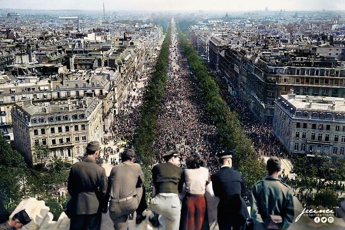 The Champs-Élysées As Seen From The Arc De Triomphe, Ve Day. Paris, France, May 8, 1945. [colorization] 