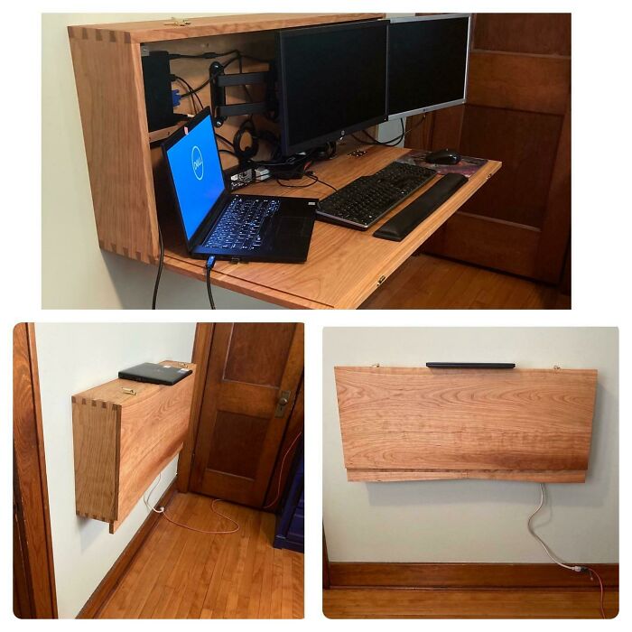 Como acabamos de tener a nuestro segundo hijo, ya no tengo una oficina. Construí este escritorio estilo Murphy para ahorrar espacio en nuestro dormitorio. Está hecho con madera de cerezo, que yo mismo corté con una sierra Alaskan, a partir de un árbol del patio de mi padre que se cayó hace un año