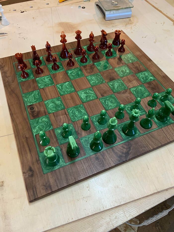 The Board Is Complete!! Walnut, Resin, Resin Printed Pieces. Was A Lot Of Fun. First Resin Project For Wood, And First Print Job Off My Resin Printer