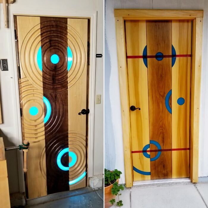 An Inside/Outside Shot Of The Shop Door I Made. It's Poplar, Black Walnut, And Multiple Resin Fills. Natural Light Comes Through The Blue Bits. They Also Glow In The Dark