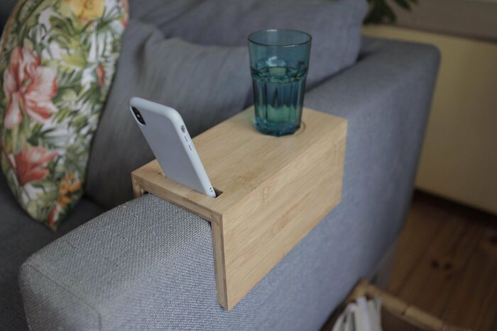 First Project! Sofa Arm Tray With A Slot For The Phone And A Little Gap For A Glass/Cup. Made Of Laminated Bamboo Wood And A Strip Of Recycled Beech Wood In The Miter Joint. Looks Simple But Has Some Complex Details