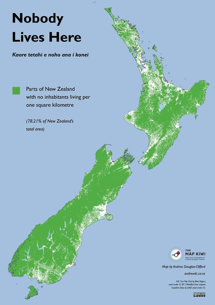 No One Lives In The Green Part Of New Zealand,the Population Density There Is 0 People Per Km And That Is About 78% Of New Zealand Land
