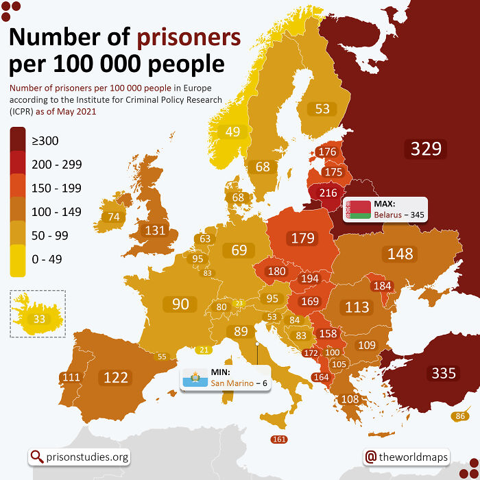 Number Of Prisoners Per 100 000 People In European Countries