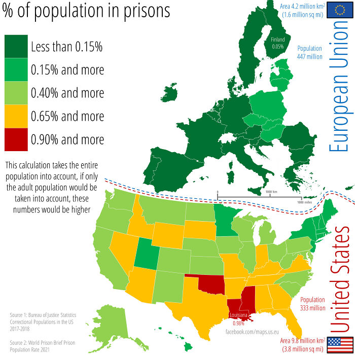 Percent Of The Population Incarcerated In Prisons Across The Eu And The Us. This Calculation Takes The Entire Population Into Account, If Only The Adult Population Would Be Taken Into Account, These Numbers Would Be Higher