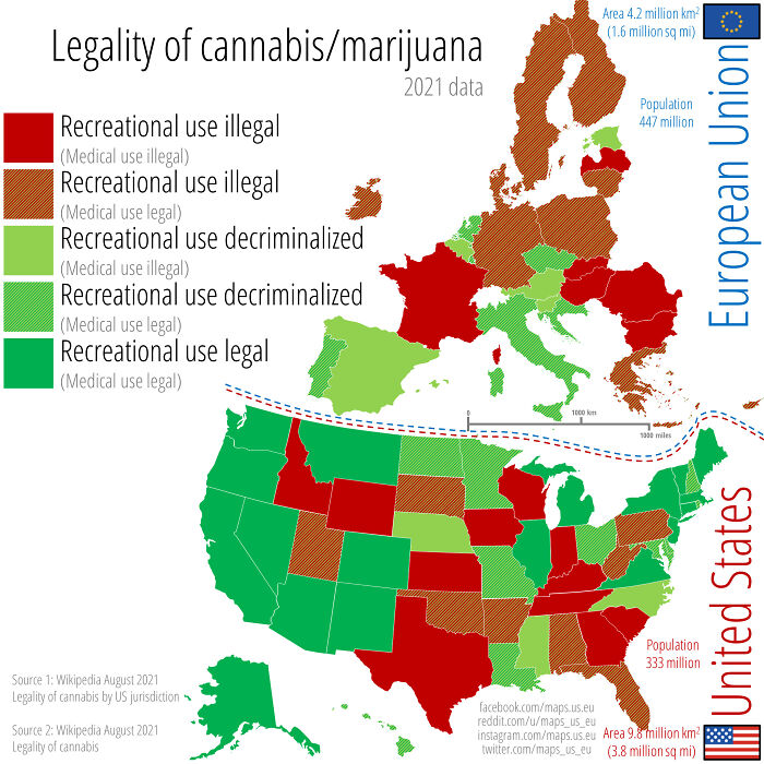 Legality Of Cannabis (Marijuana) Across The Us And The Eu. August 2021 Data
