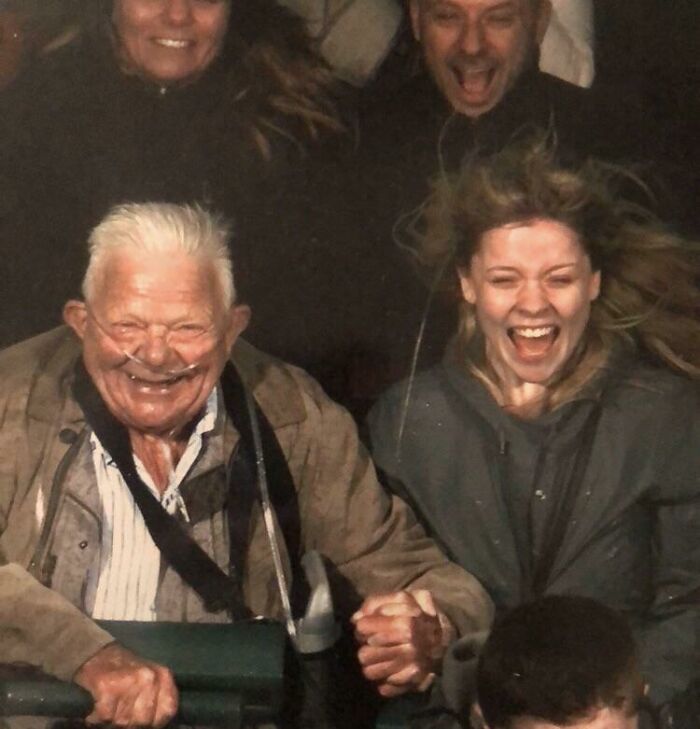 My 74-Year-Old Grandpa With COPD And I On A Roller Coaster. He Was So Excited