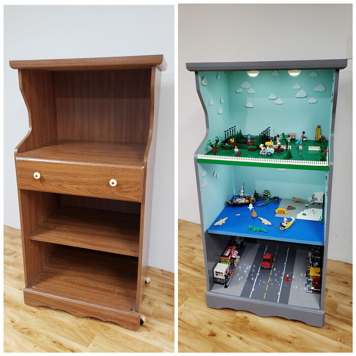 I Turned An Old Microwave Cart Into A Rolling LEGO Stand For My Daughters For Christmas
