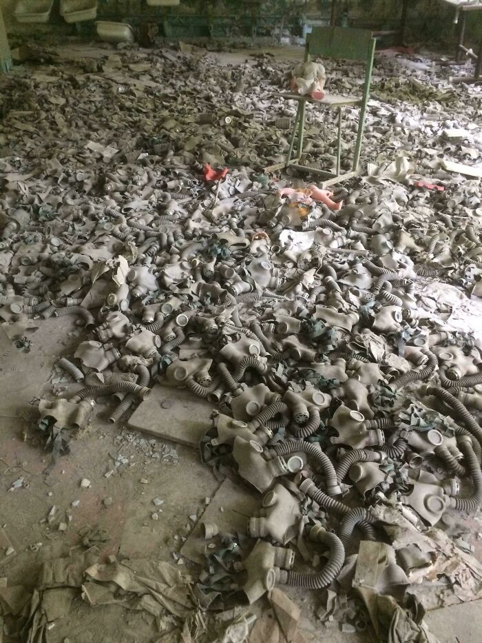 Gas Masks On The Floor Of A School In Pripyat Inside The Chernobyl Exclusion Zone, Ukraine