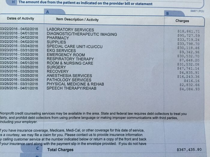 My Brother Fell While Rock Climbing And Broke His Neck, Back, And Ankle. This Is What The Bill Looks Like For Two Surgeries, A Week Hospital Stay, The Neck/Back Braces, And Ankle Cast
