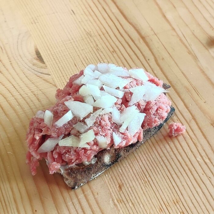 Sandwich My Dad Likes To Eat, Raw Ground Beef With Raw Onions And White Pepper On Hard Bread