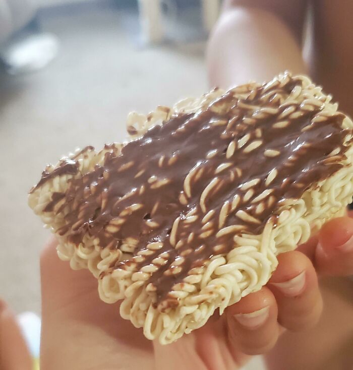 My Son Has Numerous Sensory Issues With Food. But Today He Made This Monstrosity. The Noodle Nutella Toast