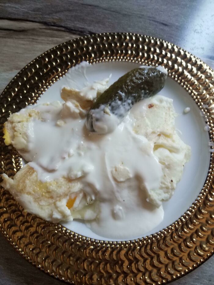 My One Of My Dad's Strange Food Combos - Eggs With Sour Cream On Top And A Pickle For Breakfast