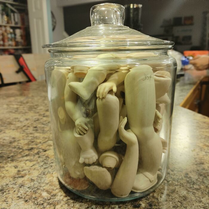 My Wife Likes To Make Halloween Decor. Here Is A Jar Of Porcelain Baby Limbs For Your Amusement