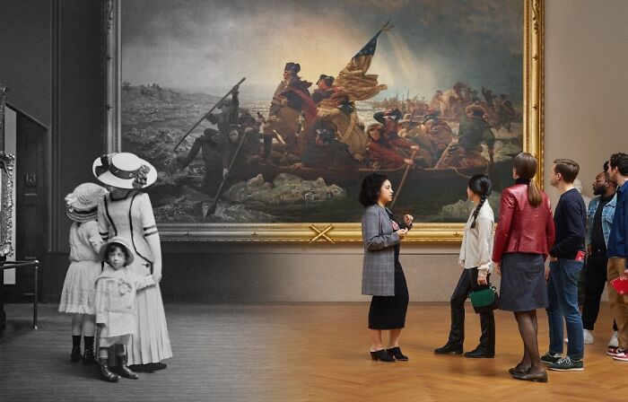 Visitors In The Metropolitan Museum Of Art, Viewing Painting (Emanuel Leutze’s Washington Crossing The Delaware - 1851) 1910 And 2019