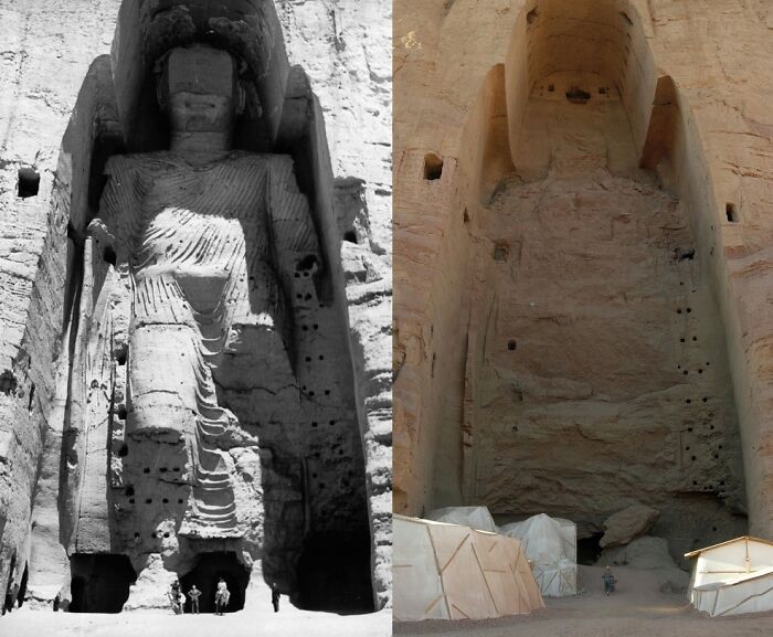 6th Century Statue "Taller Buddha" In 1963 And In 2008 After Destruction. In 2001 The Statue Was Destroyed By The Taliban