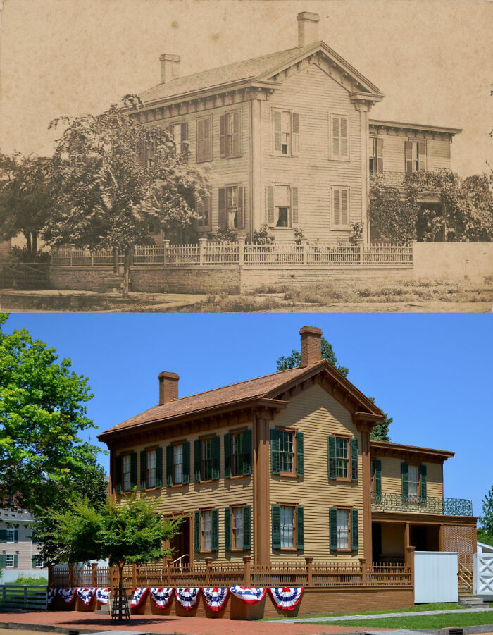 Abraham Lincoln's Home, Springfield, Illinois. Seen Here In 1861 And Today