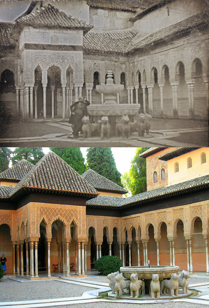 Court Of The Lions, Granada, Spain - 1840 And Today