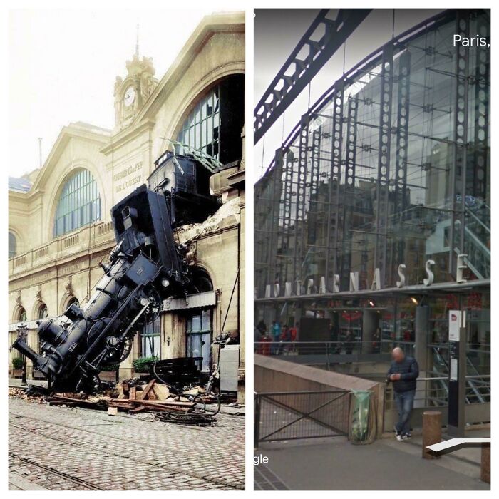Montparnasse Station, Paris, After A Derailment In 1895 And Present Day.