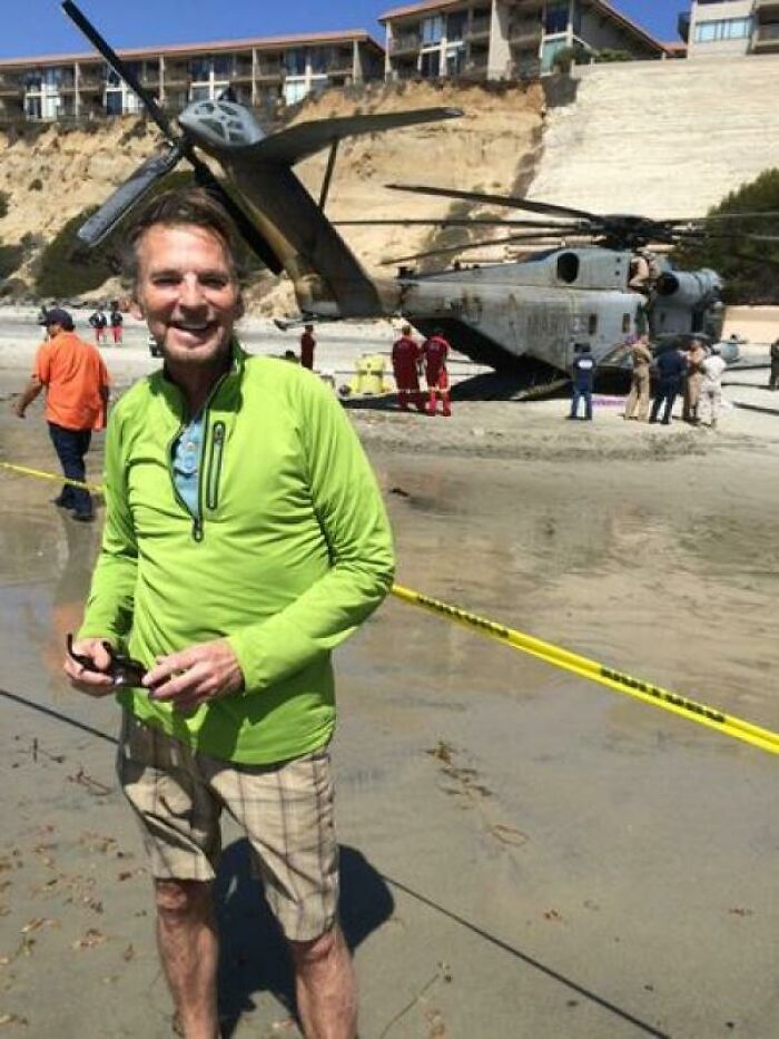A Military Helicopter From Mcas Miramar (Former Home Of Top Gun) Performs An Emergency Landing On A Beach In Front Of Kenny Loggins Who Recorded The Song "Danger Zone" For The Movie Top Gun