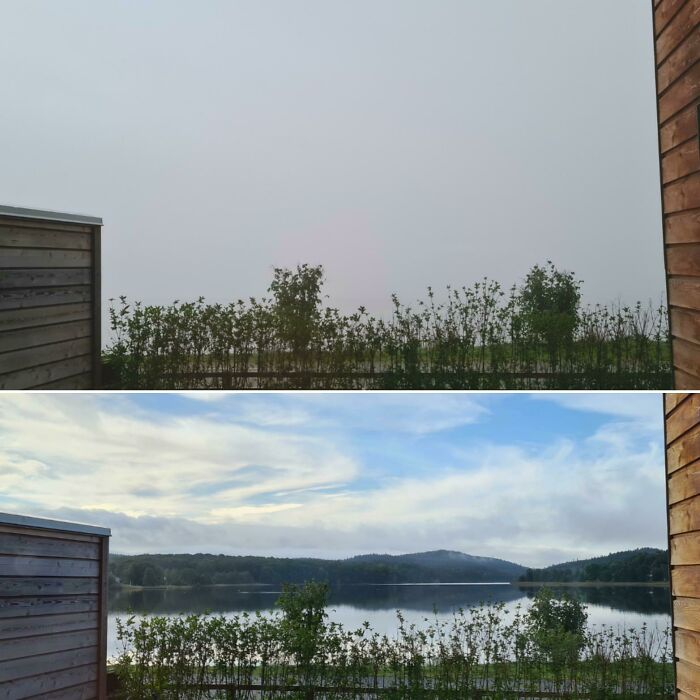 The View From My Bedroom During And After A Thick Fog