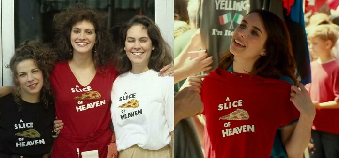 In Little Italy (2018) Emma Roberts Wore The Same T-Shirt As Her Aunt Julia (And Her Friends) Wore In Mystic Pizza (1988). Both Movies Are Directed By Donald Petrie