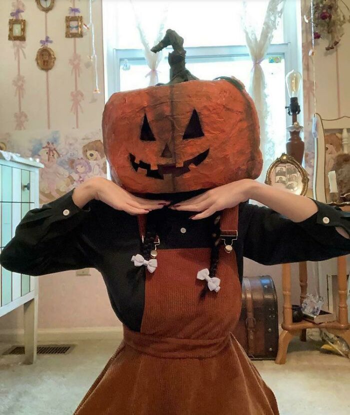 Made My Costume! I Wanted To Have One Of Those Creepy Paper-Mache Pumpkin Masks From The Early 1900s So I Made It