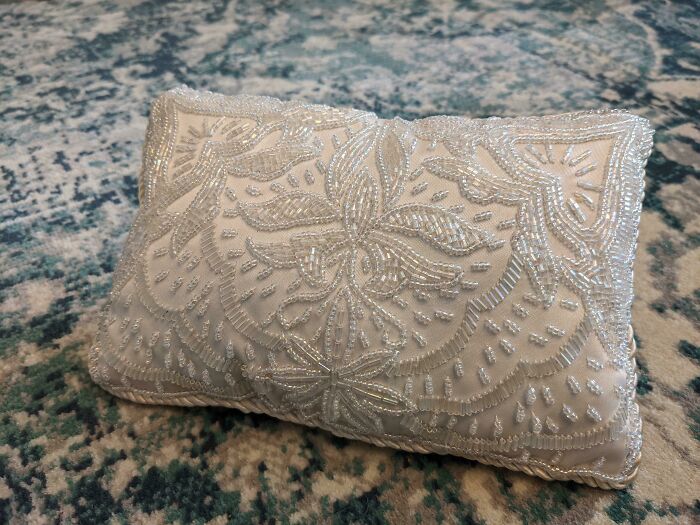 Someone Threw Out My Mum's Wedding Purse And It Was Ruined In The Rain. I Managed To Save It And Make A Keepsake Pillow. Hoping To Gift It For Her 27th Anniversary. What Do You Think?