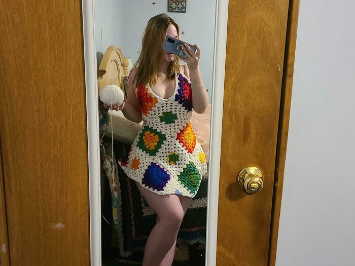 I Made A Dress! No Pattern, Just Granny Squares And Leftover Thrifted Yarn