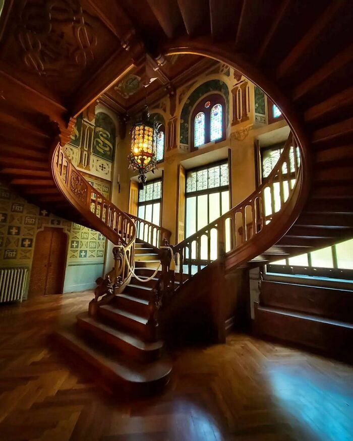 Imperial Staircase Made Of Oak Wood In Castel Savoia, A 19th Century Eclectic Style Villa Built For The Queen Consort Of The Kingdom Of Italy Margherita Of Savoy As A Holiday Home, Valle D'aosta, Northwestern Italy