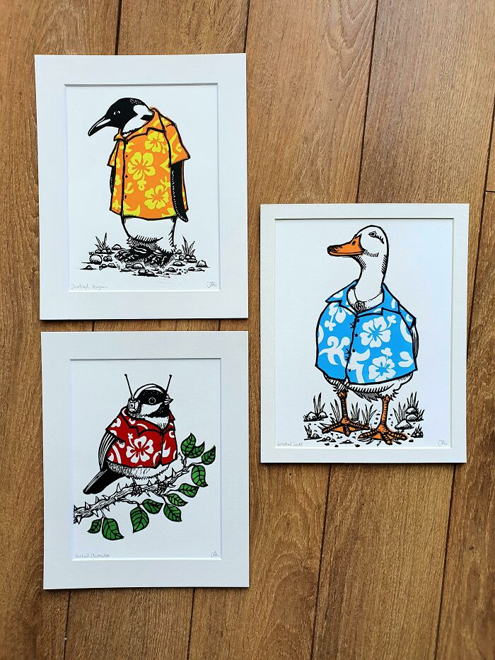 I Made Some Lino Prints Of Hawaiian Shirted Birds.