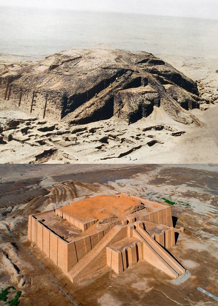 Before And After The Excavation And Restoration Of The Great Ziggurat Of Ur