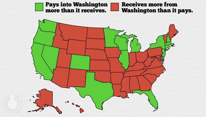 Map Of The Us States That Pays More Tax Than What They Receive From The Government, Courtesy Of Cgp Grey
