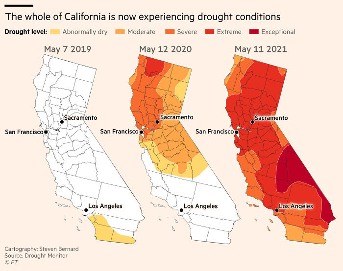 Maps Showing Water Shortages During May Have Become Increasingly Extreme In California