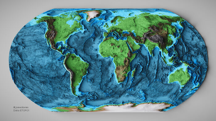 Mapa de elevaciones del mundo, incluida la batimetría (suelo oceánico)
