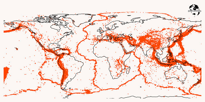 Este mapa muestra todos los terremotos de magnitud superior a 5,0 en los últimos 20 años