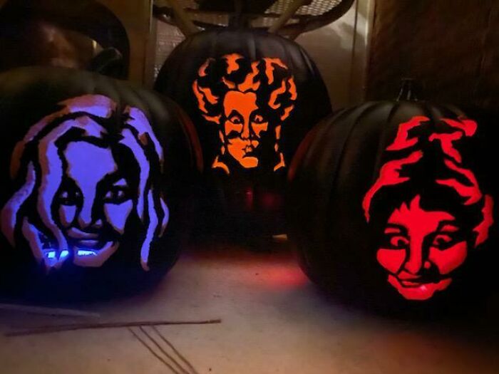 My Friend Carved These Hocus Pocus Pumpkins And Put Glow Sticks In Them So They Glow Different Colors