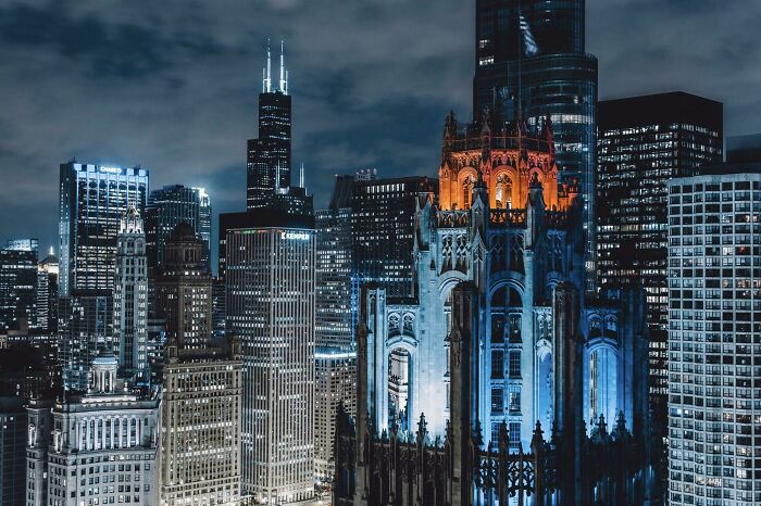 En lo alto de la torre Tribune, Chicago, Illinois