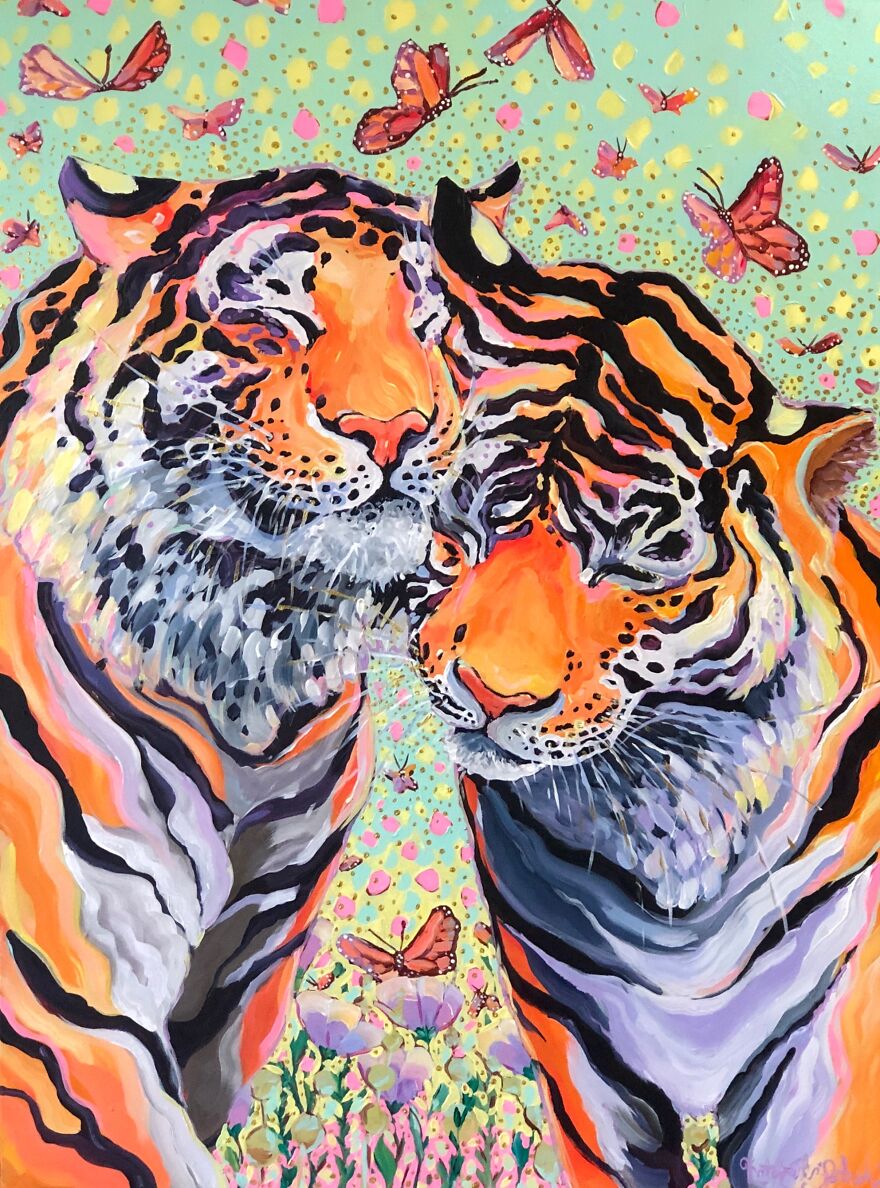 I Paint Magical Wildlife Paintings Using Thick Brush Strokes, Bold Color, And Lots Of Gold Dots.