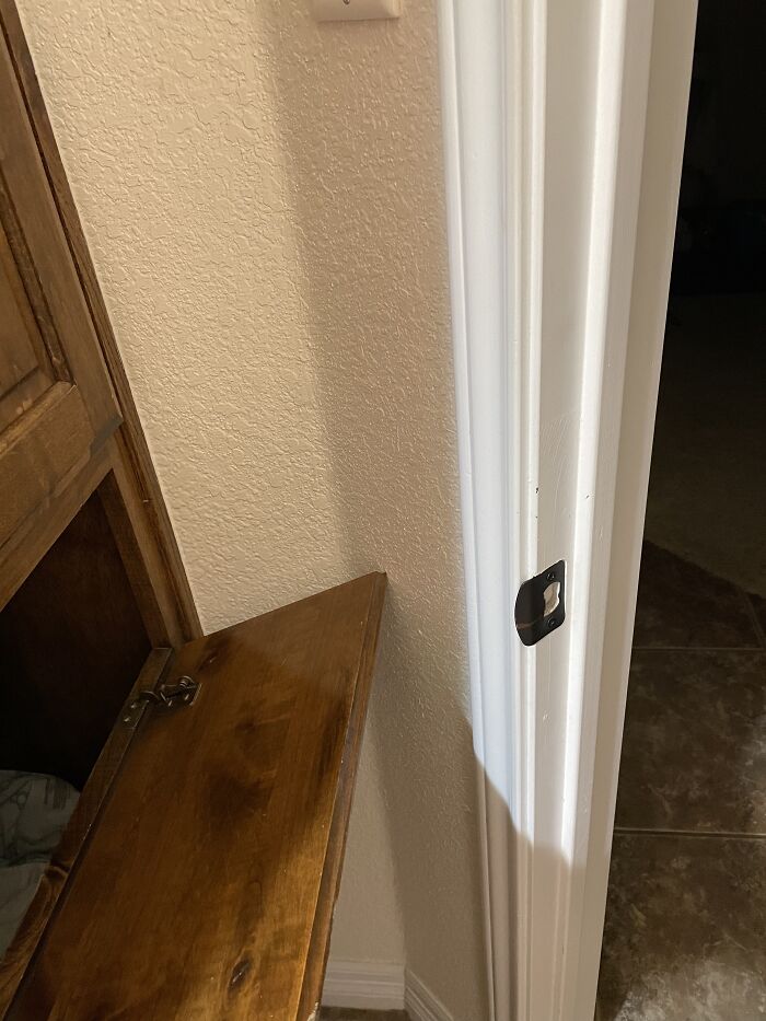 In Order To Make The Diagonal Doorway To My Bathroom (Which Is Its Own Fail) There Is A Small Wall That The Laundry Cabinet Door Can’t Open Past