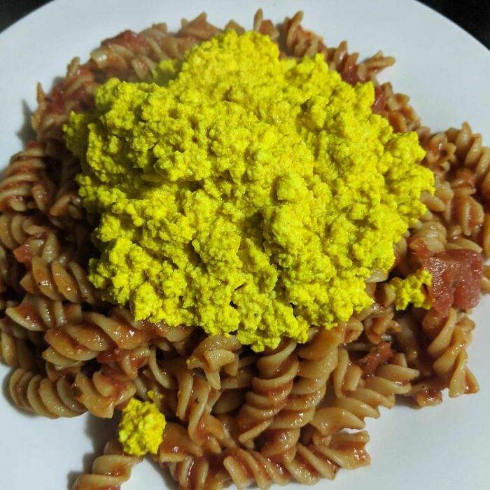 Yes You Are Seeing That Right Tofu Scramble On Top Of Pasta. It's Actually Not That Bad. I'm Never Doing This Again Though
