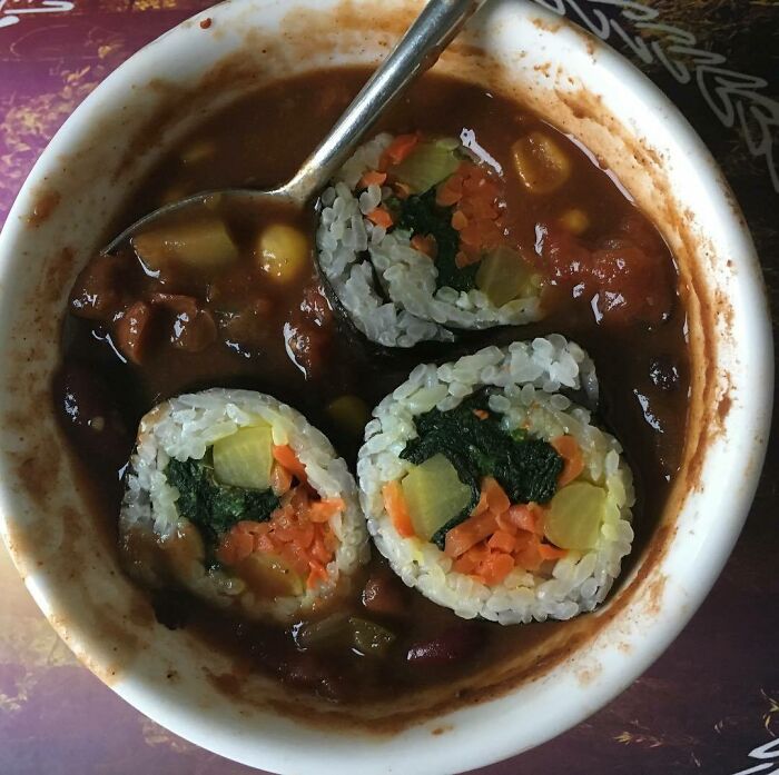 I Made Bean Chili Last Saturday And Had Leftover Vegetable Sushi. Strange Combo That Worked Well Together